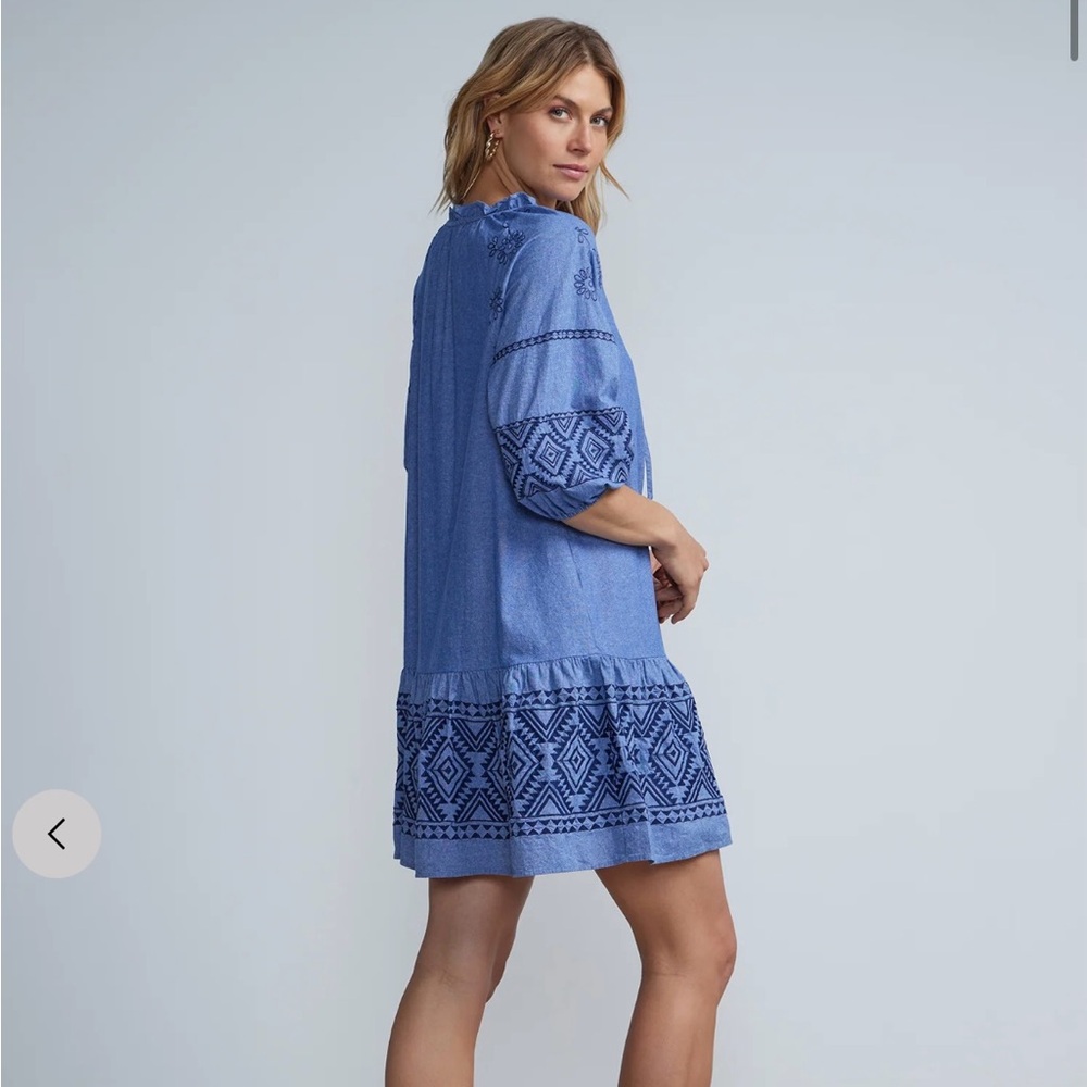 Embroidered chambray shift dress